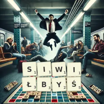 Kreatywna ilustracja do gry w Scrabble ze słowem SIWIŁBYŚ ułożonym z płytek na planszy.