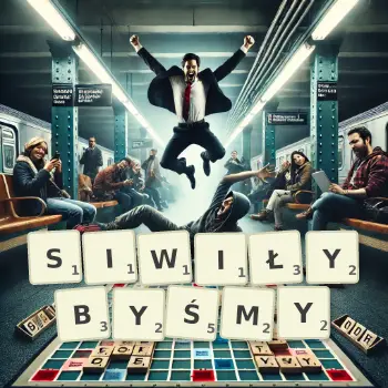 Kreatywna ilustracja do gry w Scrabble ze słowem SIWIŁYBYŚMY ułożonym z płytek na planszy.