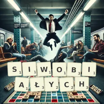 Kreatywna ilustracja do gry w Scrabble ze słowem SIWOBIAŁYCH ułożonym z płytek na planszy.