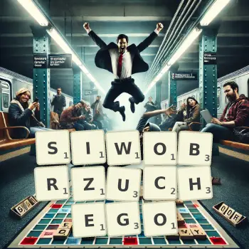Kreatywna ilustracja do gry w Scrabble ze słowem SIWOBRZUCHEGO ułożonym z płytek na planszy.
