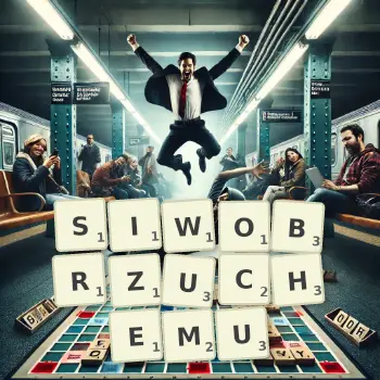 Kreatywna ilustracja do gry w Scrabble ze słowem SIWOBRZUCHEMU ułożonym z płytek na planszy.