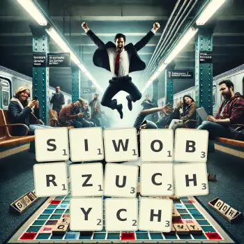 Kreatywna ilustracja do gry w Scrabble ze słowem SIWOBRZUCHYCH ułożonym z płytek na planszy.