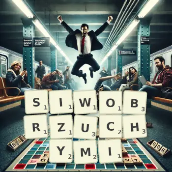 Kreatywna ilustracja do gry w Scrabble ze słowem SIWOBRZUCHYMI ułożonym z płytek na planszy.