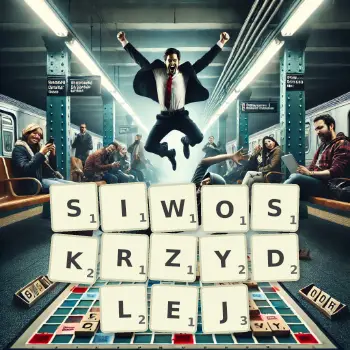 Kreatywna ilustracja do gry w Scrabble ze słowem SIWOSKRZYDLEJ ułożonym z płytek na planszy.