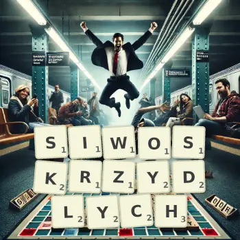 Kreatywna ilustracja do gry w Scrabble ze słowem SIWOSKRZYDLYCH ułożonym z płytek na planszy.