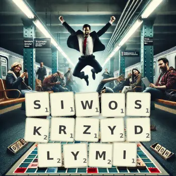 Kreatywna ilustracja do gry w Scrabble ze słowem SIWOSKRZYDLYMI ułożonym z płytek na planszy.