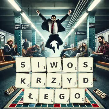 Kreatywna ilustracja do gry w Scrabble ze słowem SIWOSKRZYDŁEGO ułożonym z płytek na planszy.