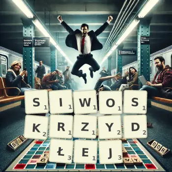 Kreatywna ilustracja do gry w Scrabble ze słowem SIWOSKRZYDŁEJ ułożonym z płytek na planszy.