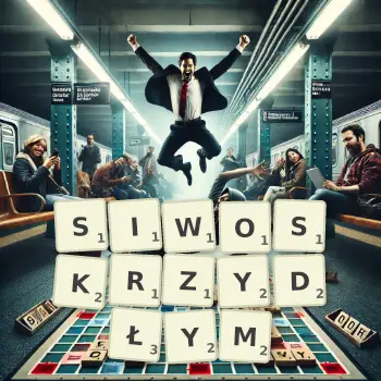 Kreatywna ilustracja do gry w Scrabble ze słowem SIWOSKRZYDŁYM ułożonym z płytek na planszy.