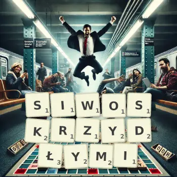 Kreatywna ilustracja do gry w Scrabble ze słowem SIWOSKRZYDŁYMI ułożonym z płytek na planszy.