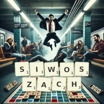 Kreatywna ilustracja do gry w Scrabble ze słowem SIWOSZACH ułożonym z płytek na planszy.