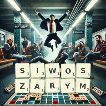 Kreatywna ilustracja do gry w Scrabble ze słowem SIWOSZARYM ułożonym z płytek na planszy.