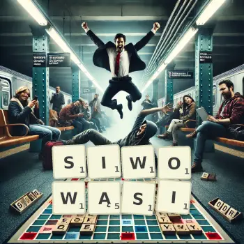 Kreatywna ilustracja do gry w Scrabble ze słowem SIWOWĄSI ułożonym z płytek na planszy.