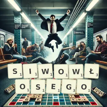 Kreatywna ilustracja do gry w Scrabble ze słowem SIWOWŁOSEGO ułożonym z płytek na planszy.