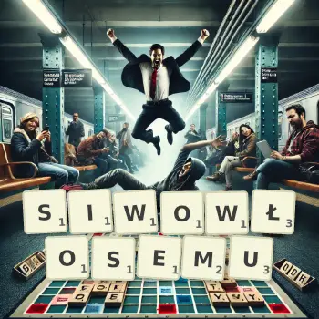 Kreatywna ilustracja do gry w Scrabble ze słowem SIWOWŁOSEMU ułożonym z płytek na planszy.