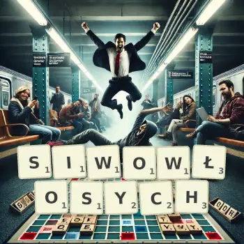 Kreatywna ilustracja do gry w Scrabble ze słowem SIWOWŁOSYCH ułożonym z płytek na planszy.