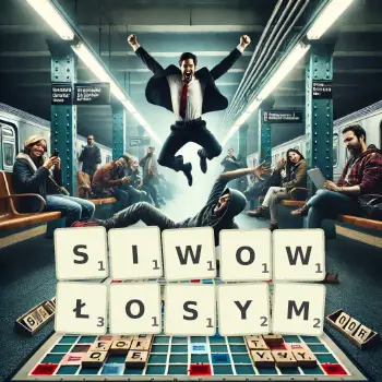 Kreatywna ilustracja do gry w Scrabble ze słowem SIWOWŁOSYM ułożonym z płytek na planszy.