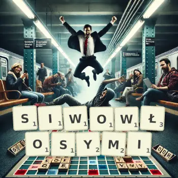Kreatywna ilustracja do gry w Scrabble ze słowem SIWOWŁOSYMI ułożonym z płytek na planszy.