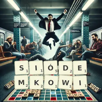 Kreatywna ilustracja do gry w Scrabble ze słowem SIÓDEMKOWI ułożonym z płytek na planszy.