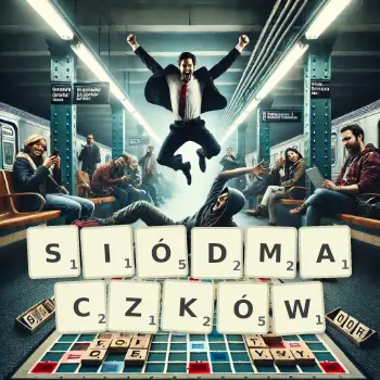 Kreatywna ilustracja do gry w Scrabble ze słowem SIÓDMACZKÓW ułożonym z płytek na planszy.