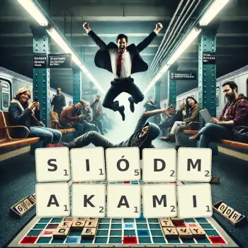 Kreatywna ilustracja do gry w Scrabble ze słowem SIÓDMAKAMI ułożonym z płytek na planszy.