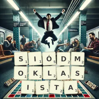 Kreatywna ilustracja do gry w Scrabble ze słowem SIÓDMOKLASISTA ułożonym z płytek na planszy.