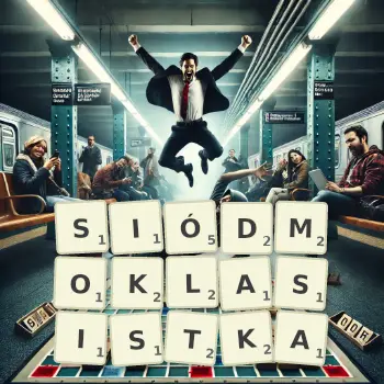 Kreatywna ilustracja do gry w Scrabble ze słowem SIÓDMOKLASISTKA ułożonym z płytek na planszy.