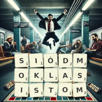 Kreatywna ilustracja do gry w Scrabble ze słowem SIÓDMOKLASISTOM ułożonym z płytek na planszy.