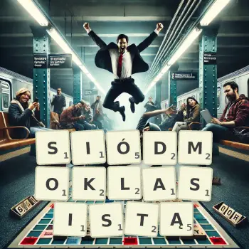 Kreatywna ilustracja do gry w Scrabble ze słowem SIÓDMOKLASISTĄ ułożonym z płytek na planszy.