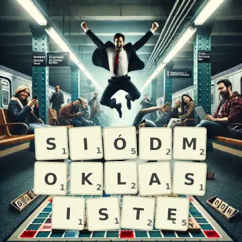 Kreatywna ilustracja do gry w Scrabble ze słowem SIÓDMOKLASISTĘ ułożonym z płytek na planszy.