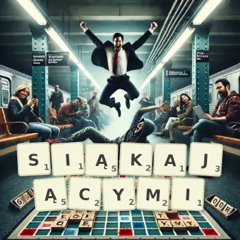 Kreatywna ilustracja do gry w Scrabble ze słowem SIĄKAJĄCYMI ułożonym z płytek na planszy.
