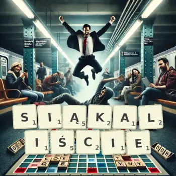 Kreatywna ilustracja do gry w Scrabble ze słowem SIĄKALIŚCIE ułożonym z płytek na planszy.