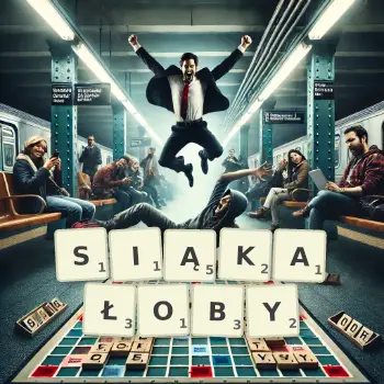 Kreatywna ilustracja do gry w Scrabble ze słowem SIĄKAŁOBY ułożonym z płytek na planszy.