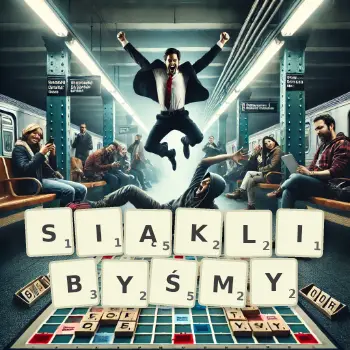 Kreatywna ilustracja do gry w Scrabble ze słowem SIĄKLIBYŚMY ułożonym z płytek na planszy.