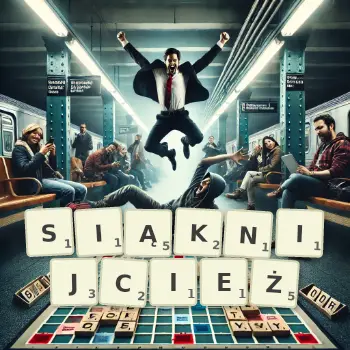 Kreatywna ilustracja do gry w Scrabble ze słowem SIĄKNIJCIEŻ ułożonym z płytek na planszy.