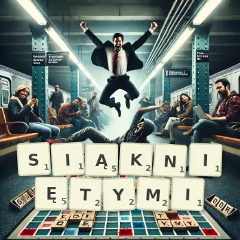 Kreatywna ilustracja do gry w Scrabble ze słowem SIĄKNIĘTYMI ułożonym z płytek na planszy.