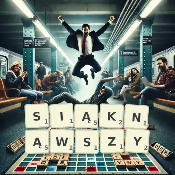 Kreatywna ilustracja do gry w Scrabble ze słowem SIĄKNĄWSZY ułożonym z płytek na planszy.