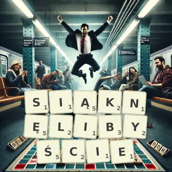 Kreatywna ilustracja do gry w Scrabble ze słowem SIĄKNĘLIBYŚCIE ułożonym z płytek na planszy.