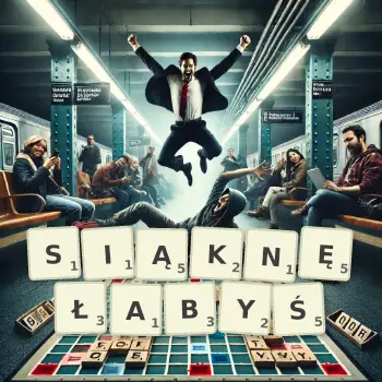 Kreatywna ilustracja do gry w Scrabble ze słowem SIĄKNĘŁABYŚ ułożonym z płytek na planszy.