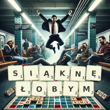 Kreatywna ilustracja do gry w Scrabble ze słowem SIĄKNĘŁOBYM ułożonym z płytek na planszy.