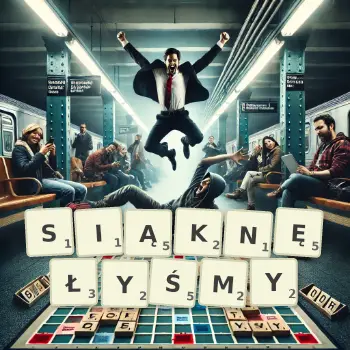 Kreatywna ilustracja do gry w Scrabble ze słowem SIĄKNĘŁYŚMY ułożonym z płytek na planszy.