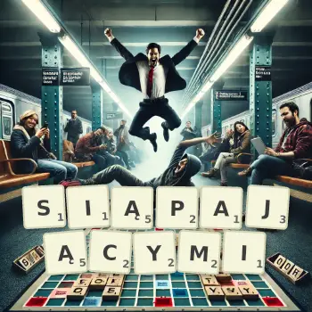 Kreatywna ilustracja do gry w Scrabble ze słowem SIĄPAJĄCYMI ułożonym z płytek na planszy.