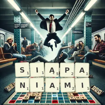 Kreatywna ilustracja do gry w Scrabble ze słowem SIĄPANIAMI ułożonym z płytek na planszy.