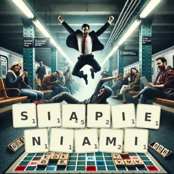 Kreatywna ilustracja do gry w Scrabble ze słowem SIĄPIENIAMI ułożonym z płytek na planszy.