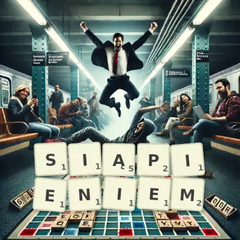 Kreatywna ilustracja do gry w Scrabble ze słowem SIĄPIENIEM ułożonym z płytek na planszy.