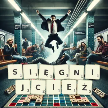 Kreatywna ilustracja do gry w Scrabble ze słowem SIĘGNIJCIEŻ ułożonym z płytek na planszy.