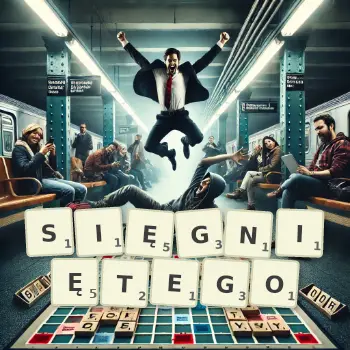 Kreatywna ilustracja do gry w Scrabble ze słowem SIĘGNIĘTEGO ułożonym z płytek na planszy.