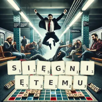 Kreatywna ilustracja do gry w Scrabble ze słowem SIĘGNIĘTEMU ułożonym z płytek na planszy.