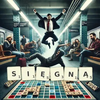 Kreatywna ilustracja do gry w Scrabble ze słowem SIĘGNĄ ułożonym z płytek na planszy.