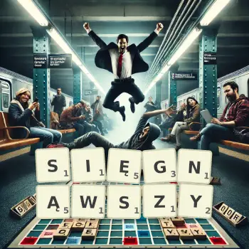 Kreatywna ilustracja do gry w Scrabble ze słowem SIĘGNĄWSZY ułożonym z płytek na planszy.
